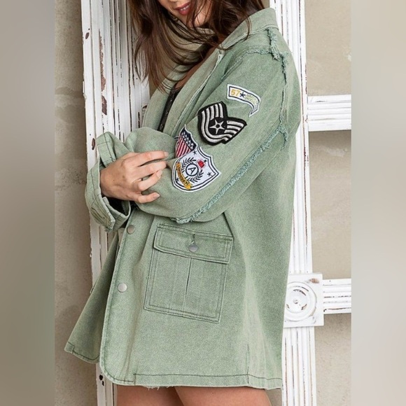 Kennedy Distressed Long Sleeve Military Jacket in Matcha - Picture 12 of 16